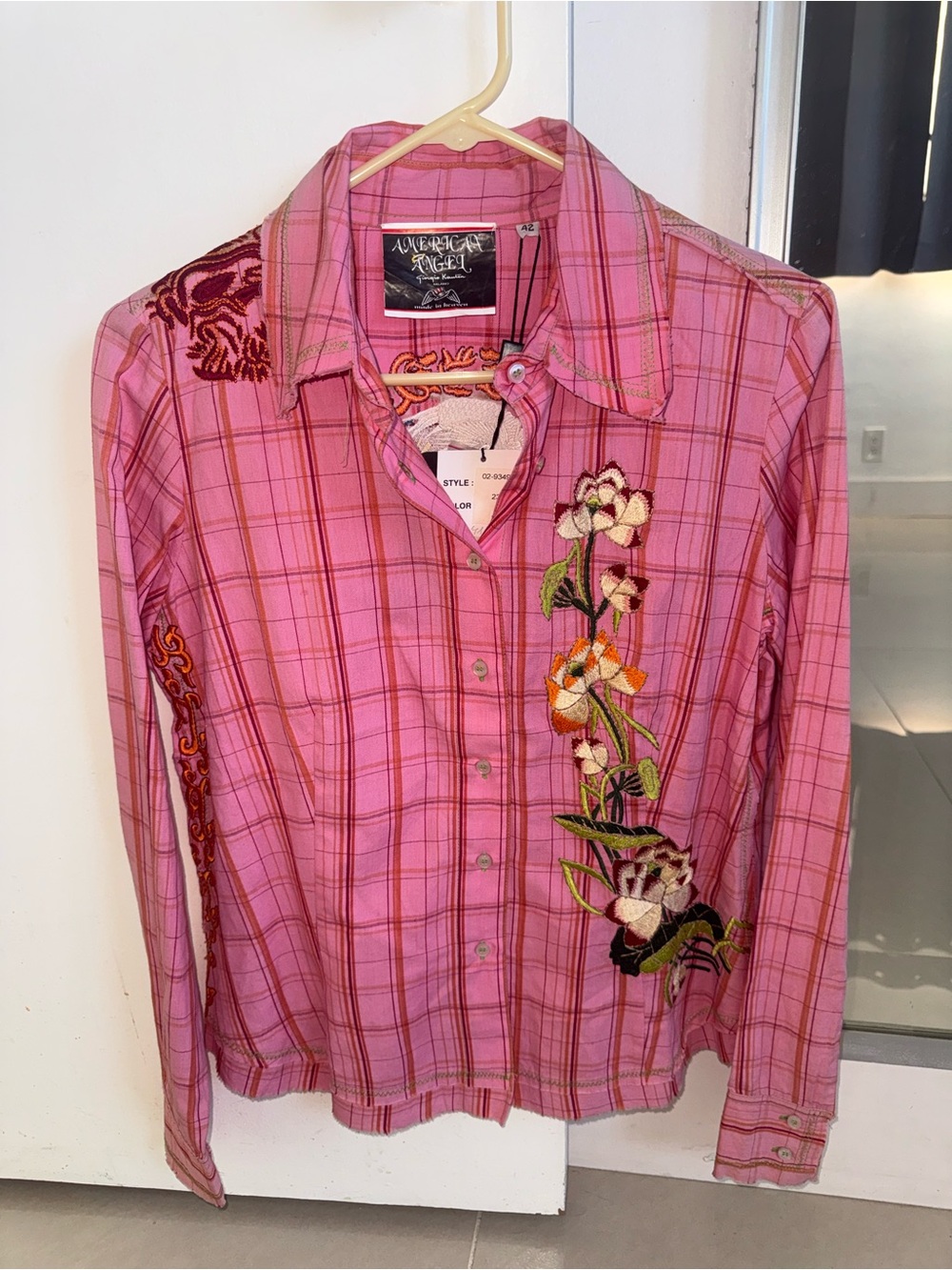 American Angel Pink Plaid Embroidered Western Boho Blouse Shirt Top Womens M/L